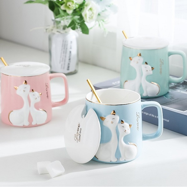 Cana cu PISICA LOVE, Alb, 400ml, Cu capac [3]