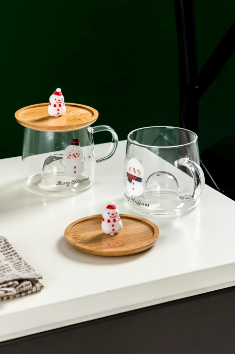 Cana din Sticla cu Capac din Bambus și Om de Zpada 3D FROSTY [6]