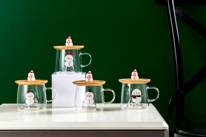 Cana din Sticla cu Capac din Bambus și Om de Zpada 3D FROSTY [7]