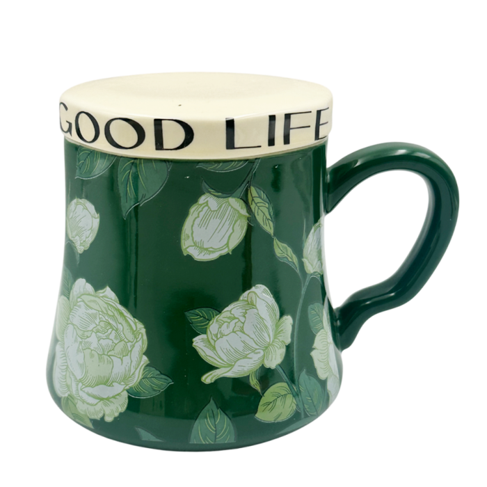 Cană Ceramică GOOD LIFE cu Capac – Verde cu Model Floral [1]