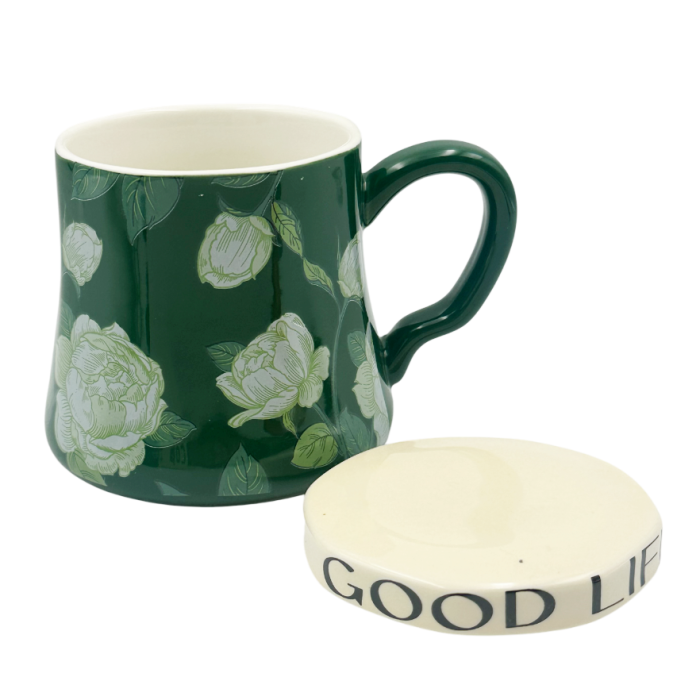 Cană Ceramică GOOD LIFE cu Capac – Verde cu Model Floral [2]