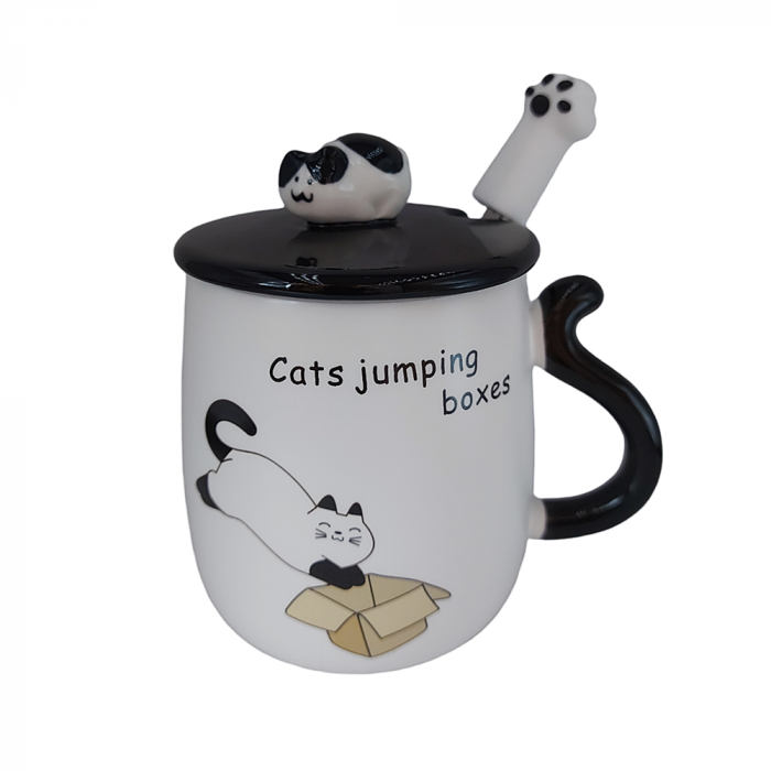 Cana pisica 3D Jumping Tom cu capac, 350ml, Ceramica [1]