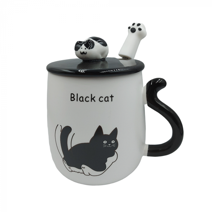 Cana pisica 3D Black Tom cu capac, 350ml, Ceramica [1]