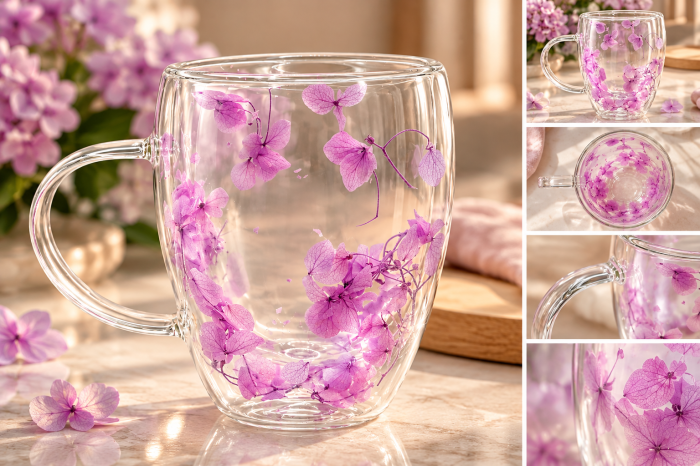 Cana din sticla termorezistenta LILAC - Cu perete dublu si flori uscate [2]