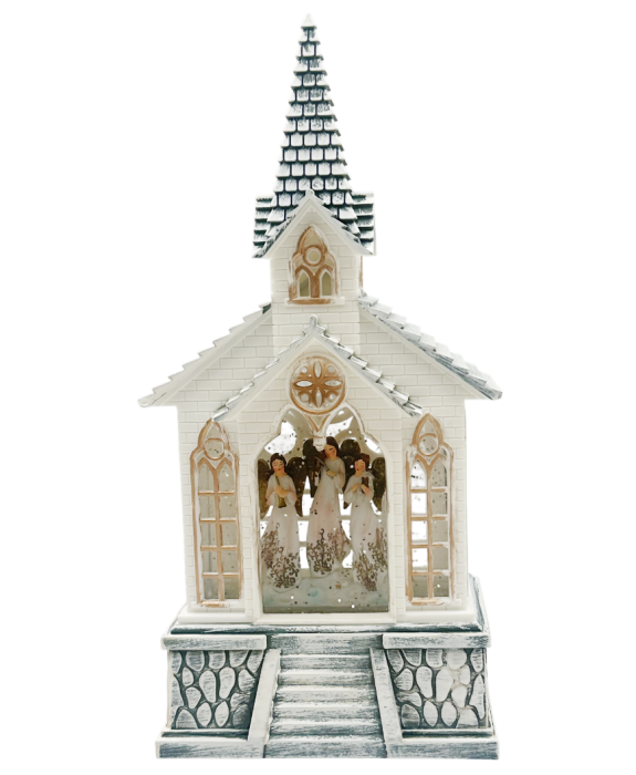 Felinar cu LED, Muzică și Efect Sclipici – Bisericuta Decorativă cu Ingeri HOLLY [1]