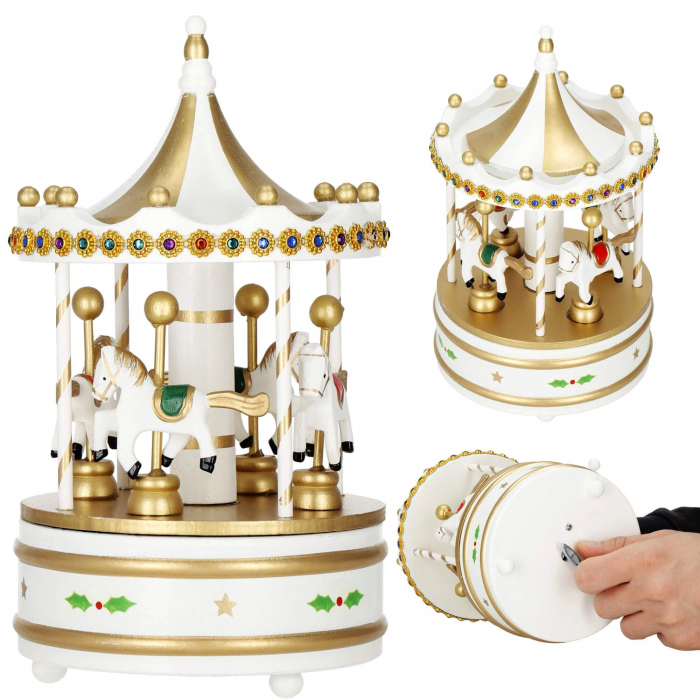 Carusel muzical MERRY GO ROUND, Alb/ Auriu, 13x25cm [2]
