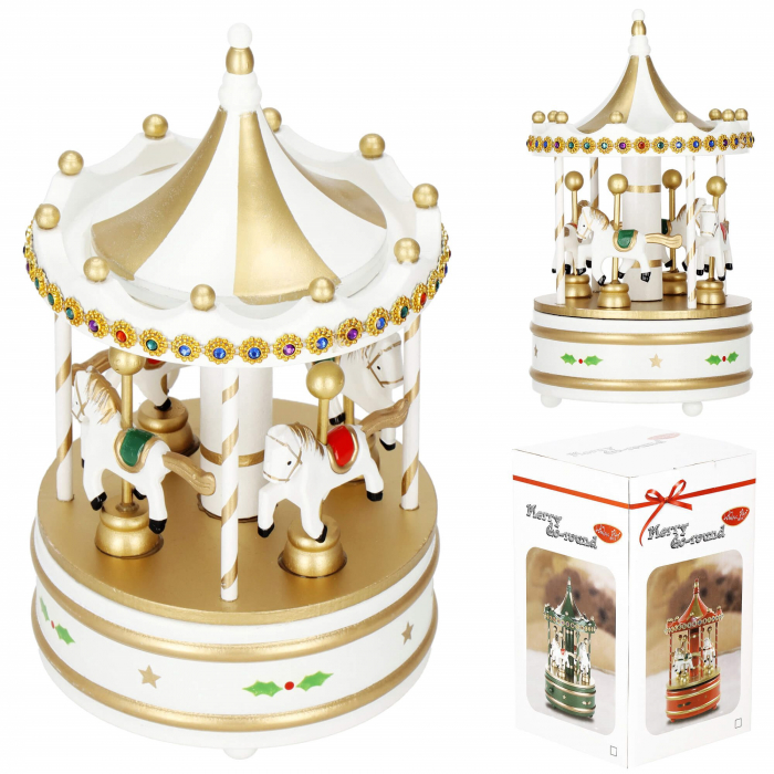 Carusel muzical MERRY GO ROUND, Alb/ Auriu, 13x25cm [5]