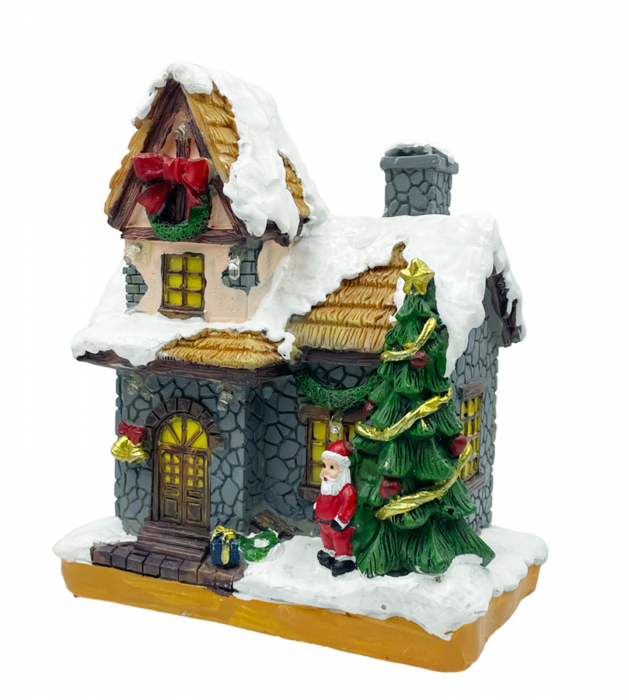 Casuta Craciun cu lumina LED si bradut VILLAGE, 13x16cm [2]