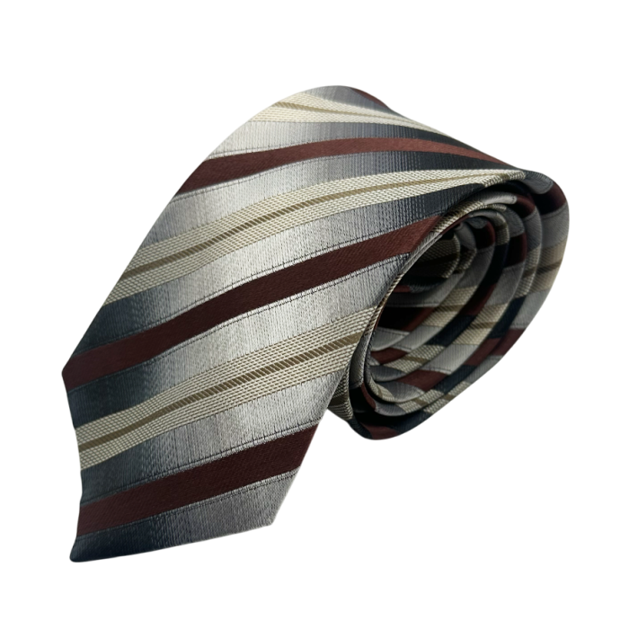 Cravata slim cu dungi maro, bej si gri – Elegantă și Versatilă [1]