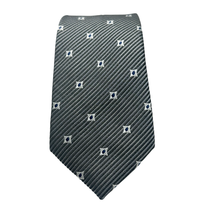Cravată Gri cu Model Geometric Alb–Bleumarin – Elegantă & Versatilă [2]