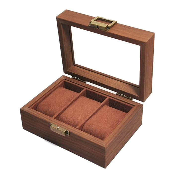 Cutie din Lemn pentru 3 Ceasuri LUXURY, Maro, Cu Capac Transparent [1]