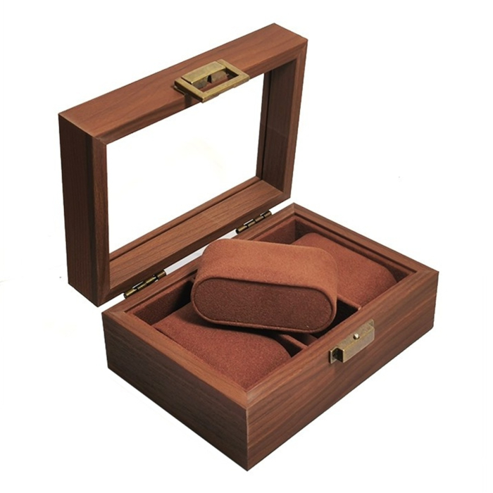 Cutie din Lemn pentru 3 Ceasuri LUXURY, Maro, Cu Capac Transparent [3]