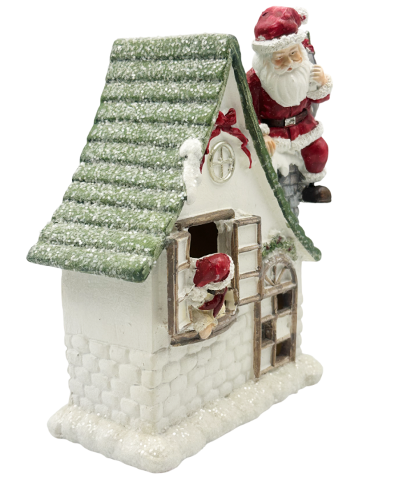 Decor Crăciun cu LED – Căsuță Crem cu Moș Crăciun și Fetiță la Fereastră JOY [2]