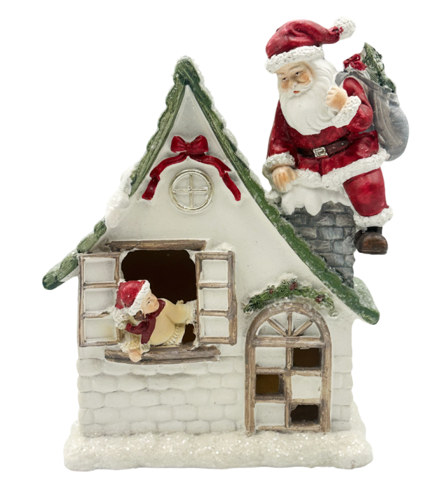 Decor Crăciun cu LED – Căsuță Crem cu Moș Crăciun și Fetiță la Fereastră JOY [1]