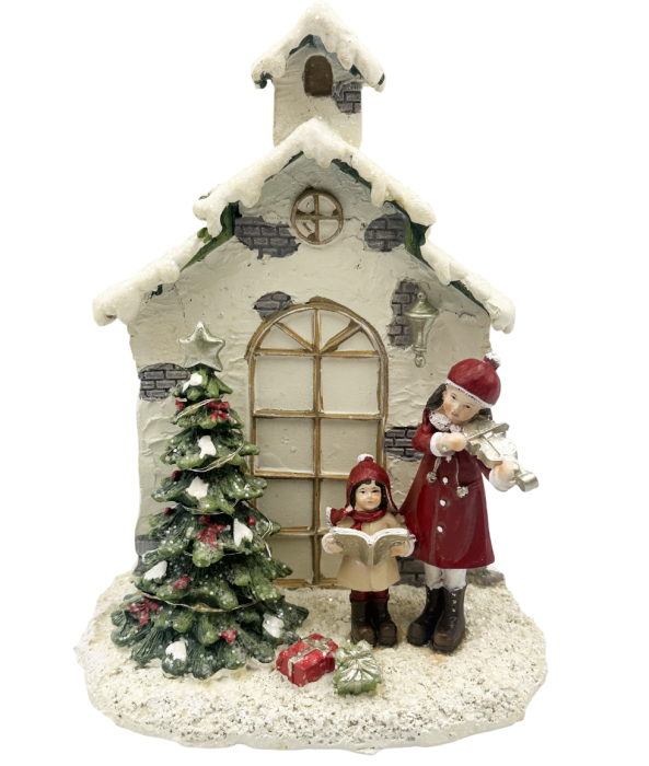 Decor Crăciun cu LED – Căsuță cu brad și colindători în haine rosii JOY [1]