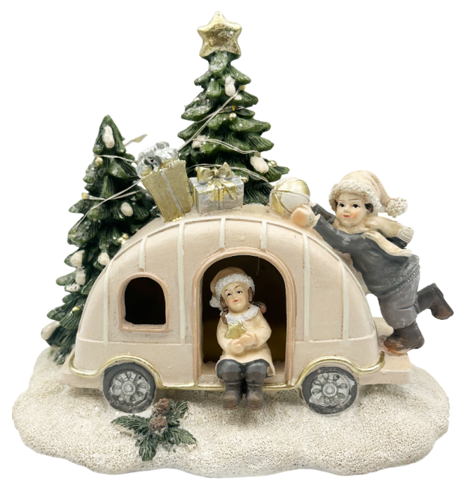 Rulotă de Crăciun cu brăduți și copii – Decor cu LED MAGIC [1]