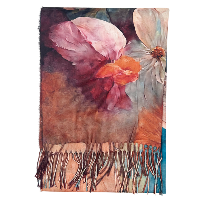 Esarfa Dama 70x180 cm cu Imprimeu Artistic Flori Turcoaz [5]