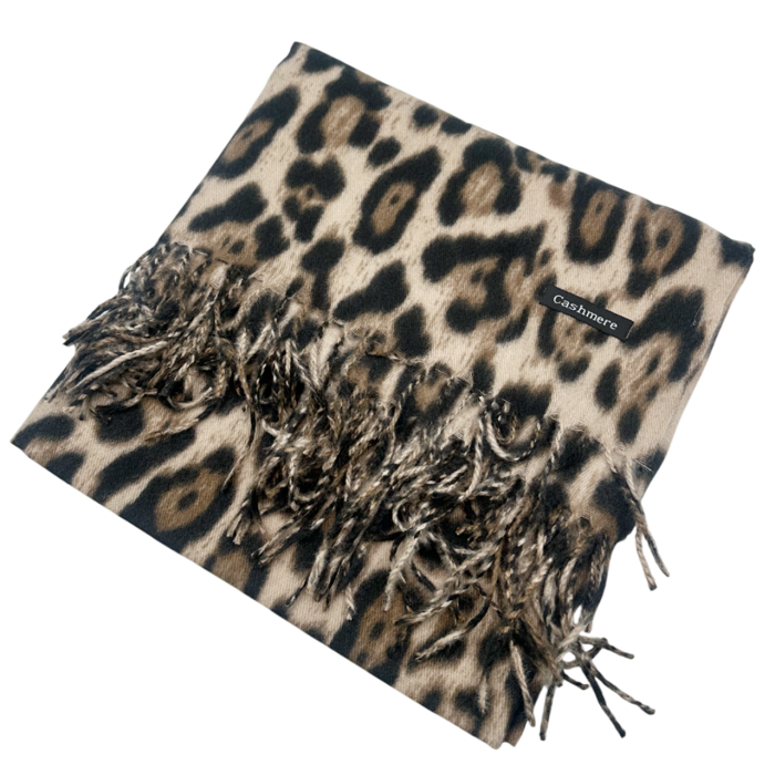 Esarfa cu franjuri Cashmere LEOPARD, Bej, 100x100cm [2]