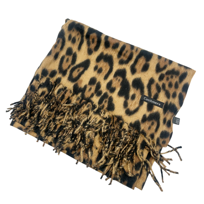 Esarfa cu franjuri Cashmere LEOPARD, Maro, 100x100cm [2]