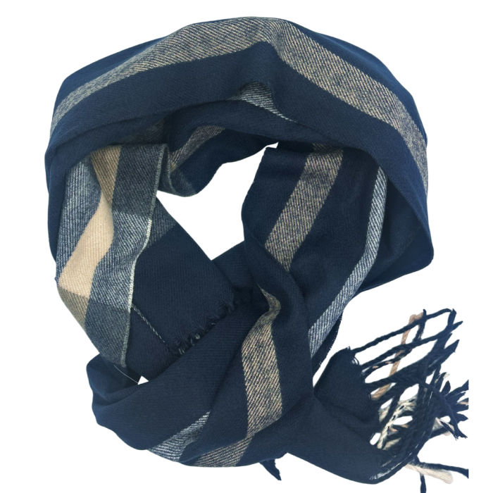 Esarfa cu franjuri Cashmere ROY - Model Carouri Bleumarin Bej [2]