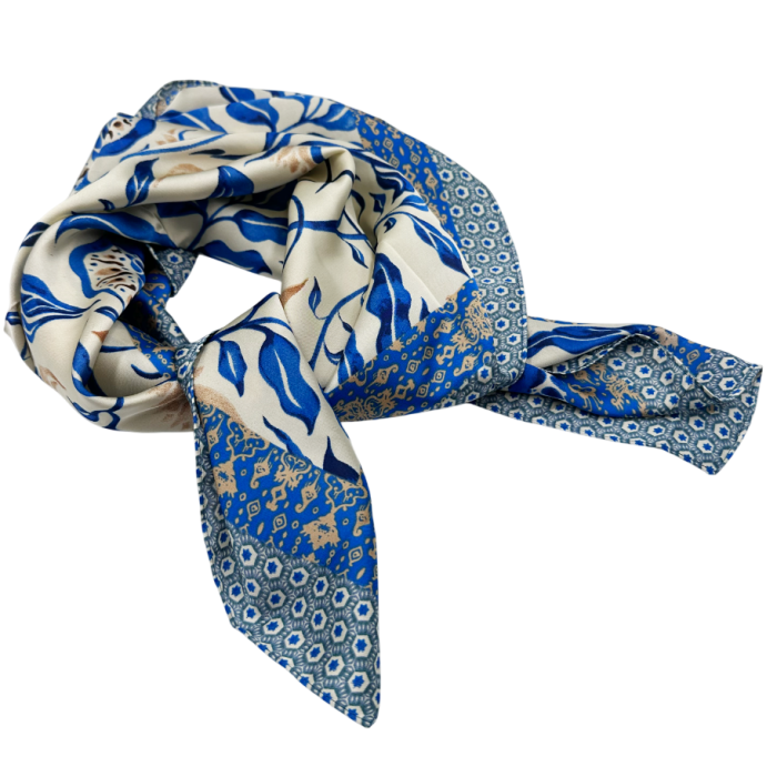 Esarfa dama ALEXIS albastru-bej cu frunze - patrata [2]