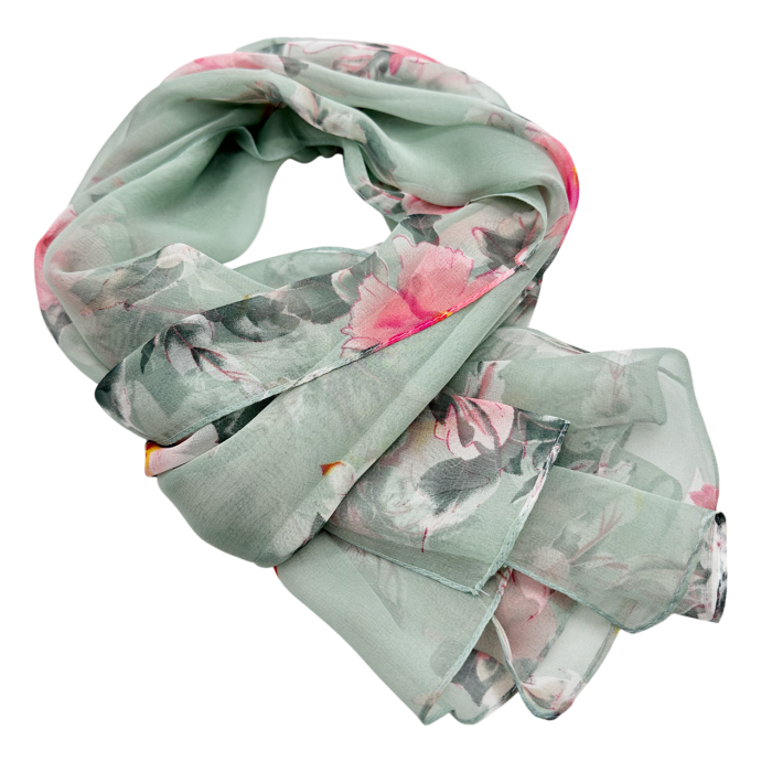 Esarfa Dama Verde cu Aspect Matasos - Model Floral roz [2]