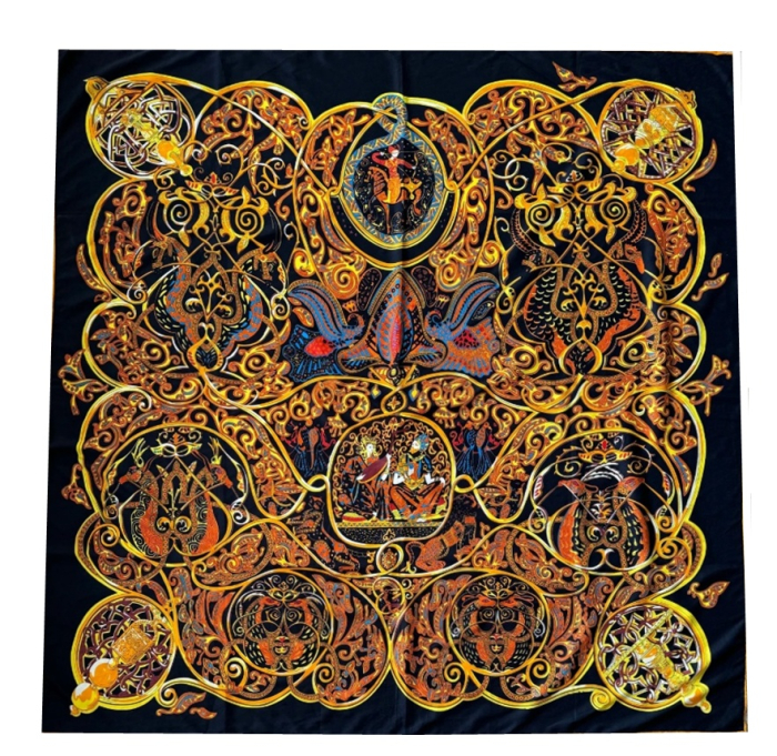 Esarfa dama GAVROCHE din matase, Cu flori si pasari, Negru, 85x85cm [2]