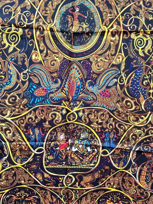 Esarfa dama HERMIONE neagra din matase, Cu flori si pasari [3]