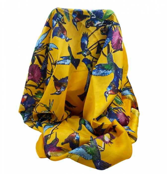 Esarfa matase BIRDS, Galben, 90x180cm [2]