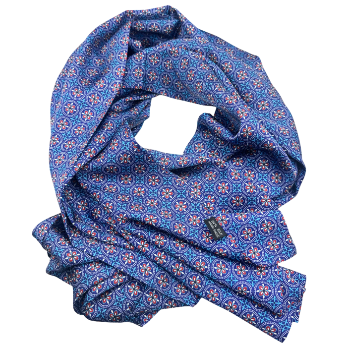 Eșarfă mătase bărbați albastră – model vintage medalion rosu [2]