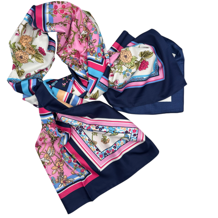 Esarfa matase FLORES cu flori si motive geomterice, Bleumarin [2]