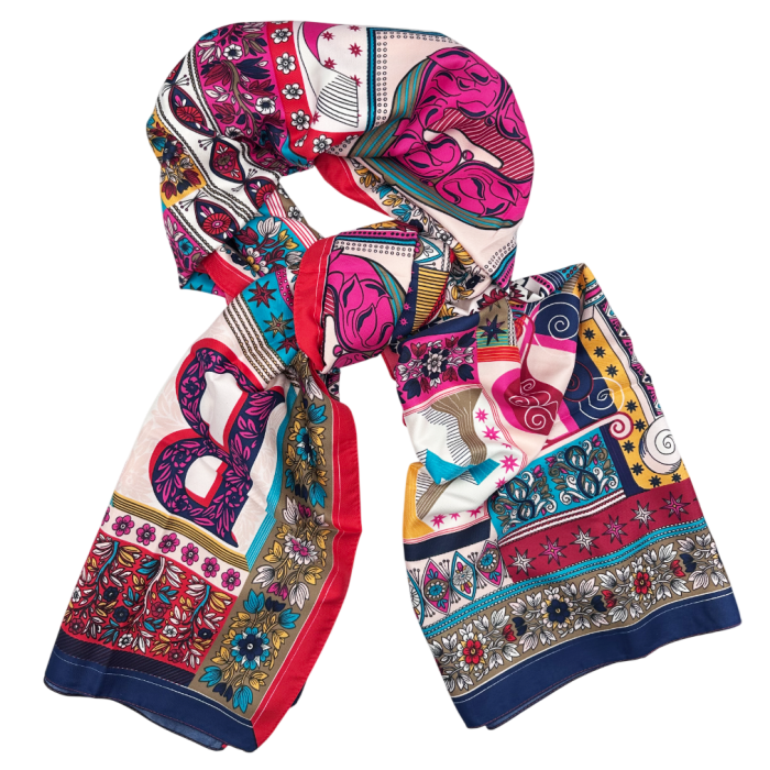 Esarfa matase FLORES Rosu cu motive geometrice si florale [2]