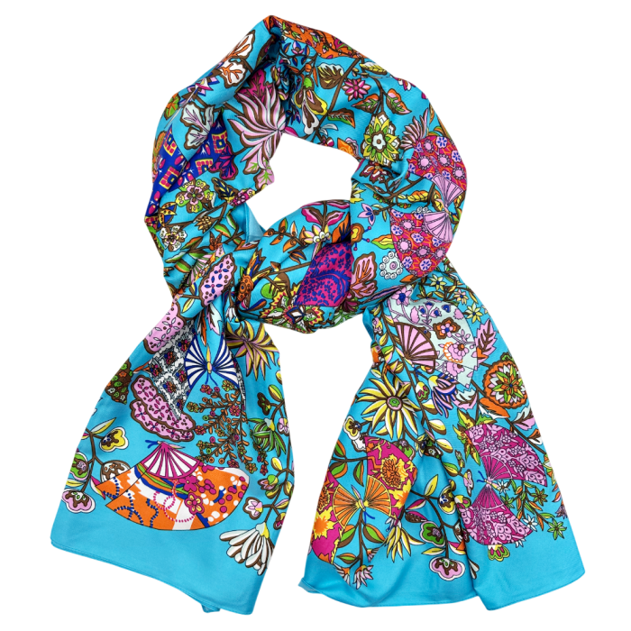 Esarfa matase MAYA cu flori si motive orientale, Turcoaz [3]