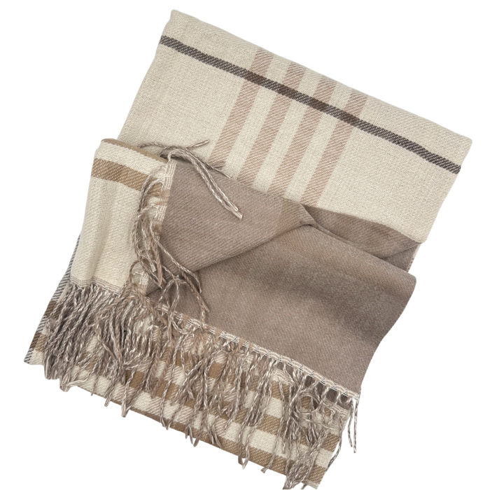 Esarfa reversibila in carouri CAMBRIDGE - Crem/ Maro taupe - 70x190 cm [2]