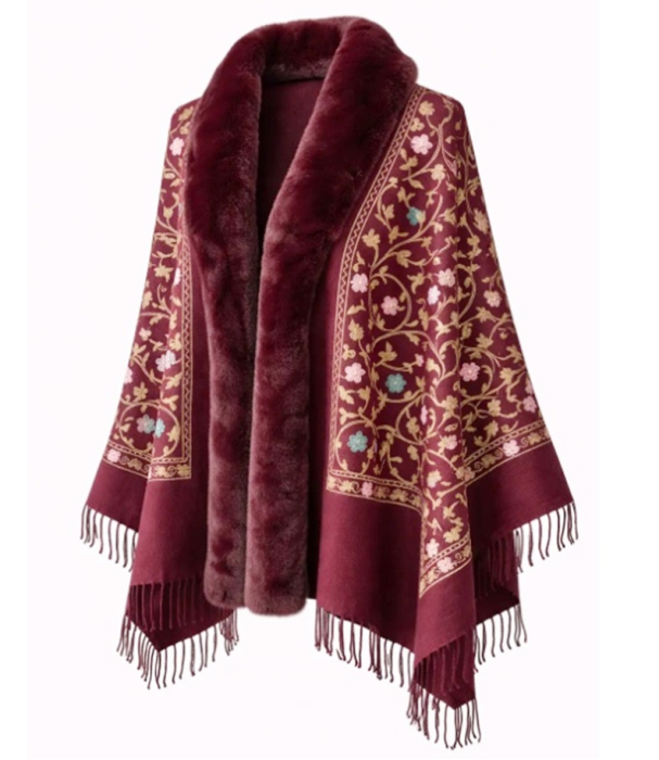 Esarfa tip Poncho burgundy cu blanita artificiala si broderie Cashmere DAPHNE [2]