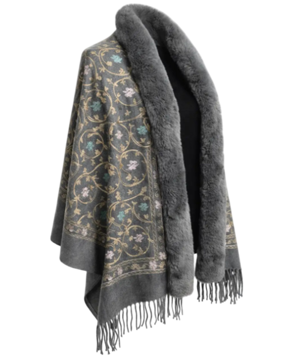 Esarfa tip Poncho gri cu blanita artificiala si broderie Cashmere DAPHNE [2]