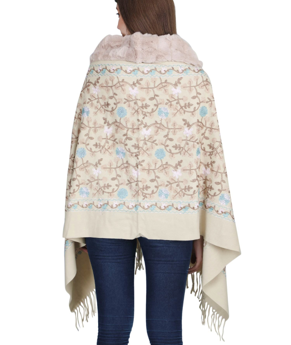 Esarfa tip Poncho crem cu blanita artificiala si broderie Cashmere DAPHNE [3]