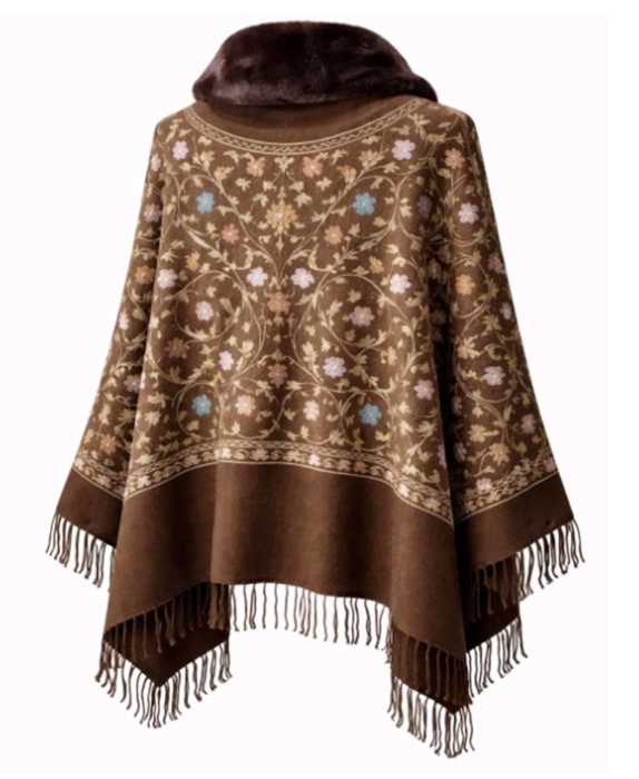 Esarfa tip Poncho maro cu blanita artificiala si broderie Cashmere DAPHNE [3]