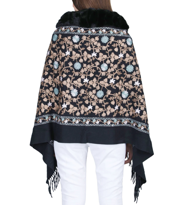 Esarfa tip Poncho neagra cu blanita artificiala si broderie Cashmere DAPHNE [4]