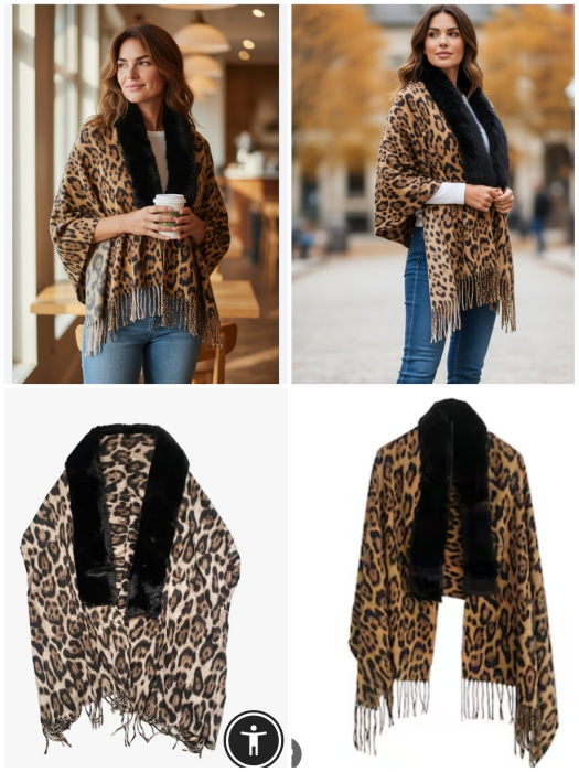 Esarfa tip Poncho cu blanita si franjuri Cashmere LEOPARD, Bej [3]