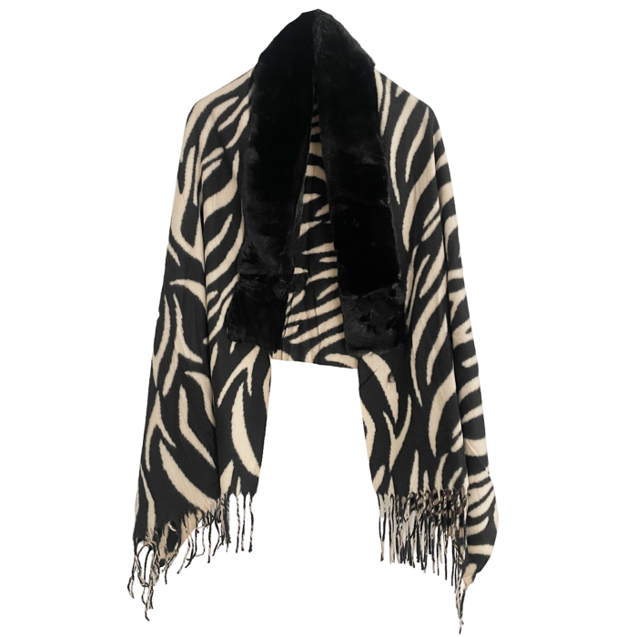 Esarfa tip Poncho cu blanita si franjuri Cashmere ZEBRA, Bej Negru [1]