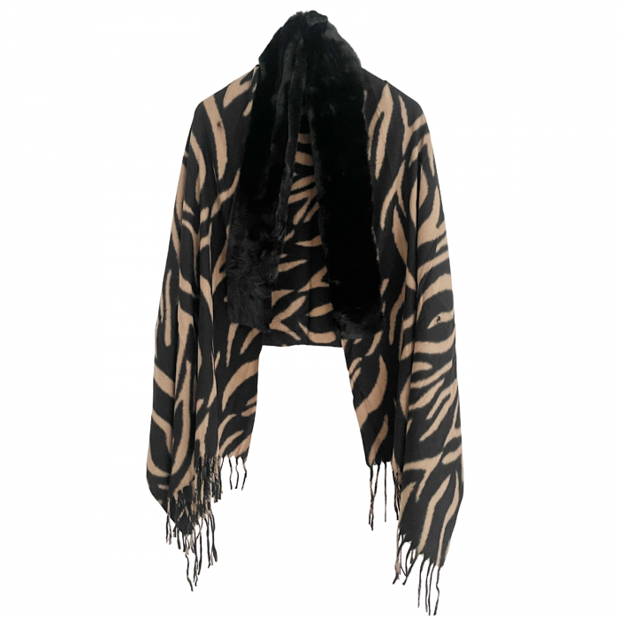 Esarfa tip Poncho cu blanita si franjuri Cashmere ZEBRA, Maro/ Negru [1]
