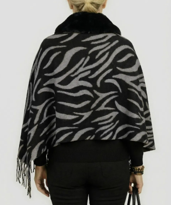 Esarfa tip Poncho cu blanita si franjuri Cashmere ZEBRA, Gri/ Negru [2]