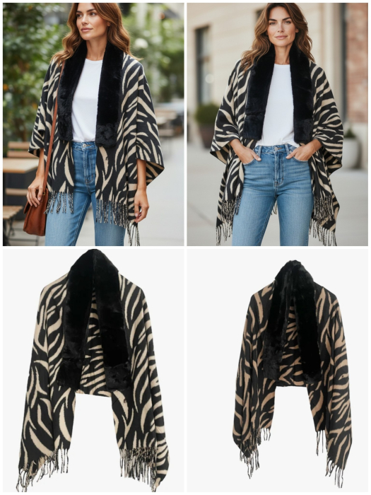 Esarfa tip Poncho cu blanita si franjuri Cashmere ZEBRA, Gri/ Negru [4]