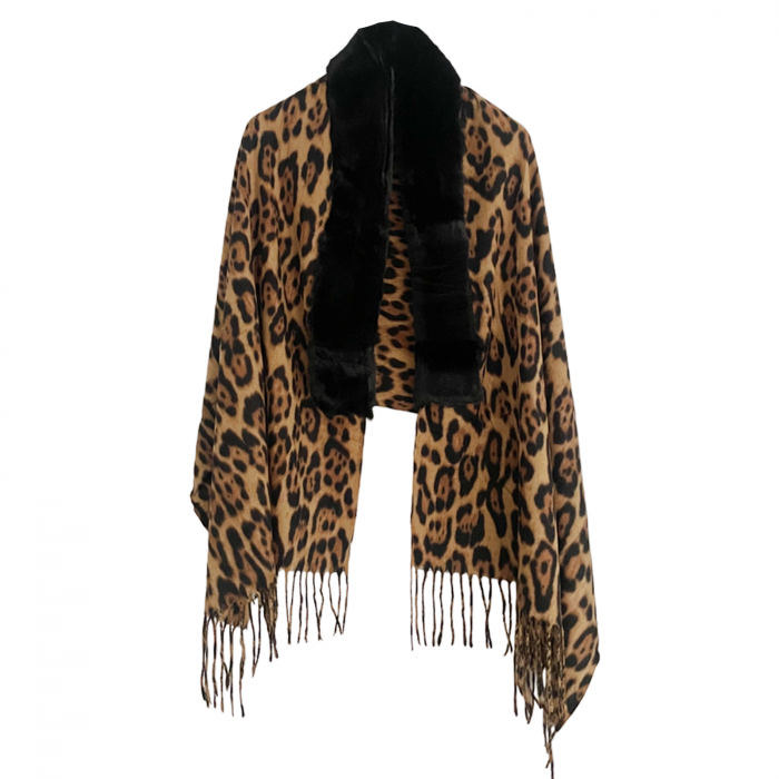 Esarfa tip Poncho cu blanita si franjuri Cashmere LEOPARD, Maro Negru [1]
