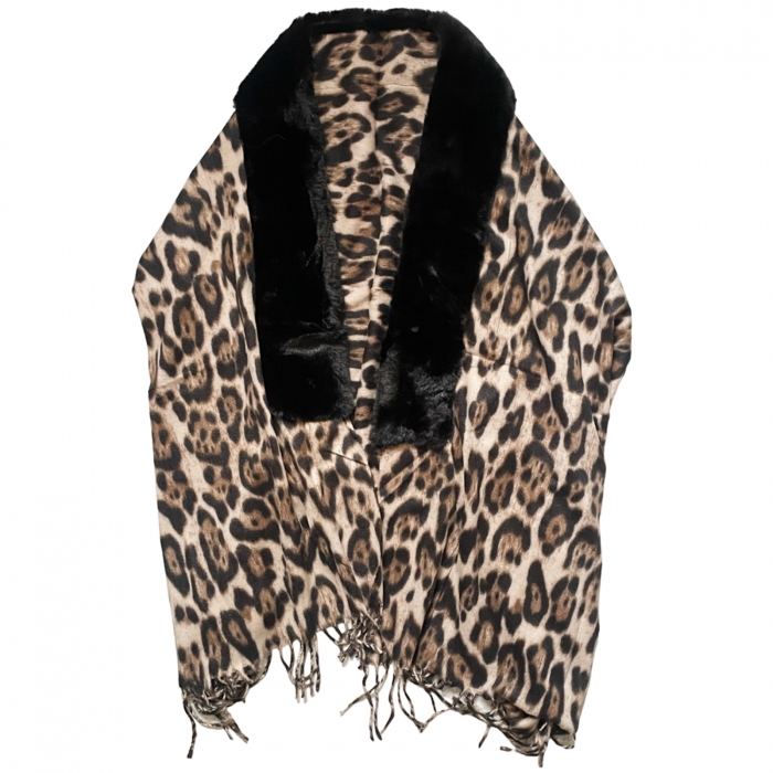 Esarfa tip Poncho cu blanita si franjuri Cashmere LEOPARD, Bej [2]