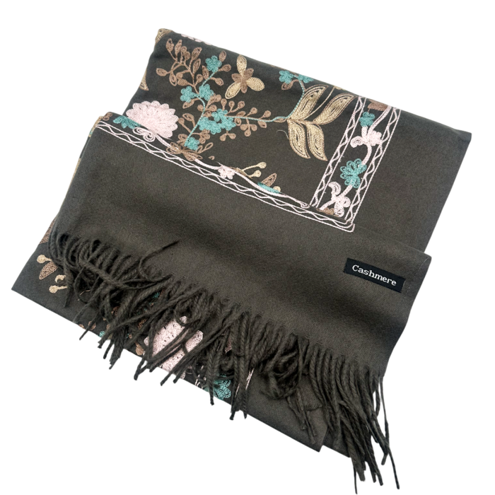 Esarfa tip Poncho cu broderie si franjuri Cashmere CHLOE, Gri inchis [4]