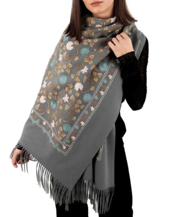 Esarfa tip Poncho cu broderie si franjuri Cashmere CHLOE, Gri inchis [5]