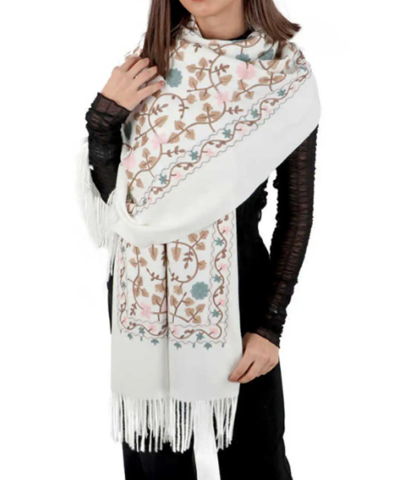 Esarfa tip Poncho cu broderie si franjuri Cashmere CHLOE, Alb ivoire [5]