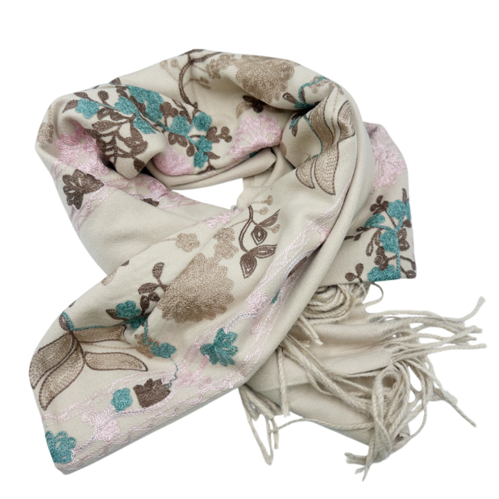 Esarfa tip Poncho cu broderie si franjuri Cashmere CHLOE, Bej [2]